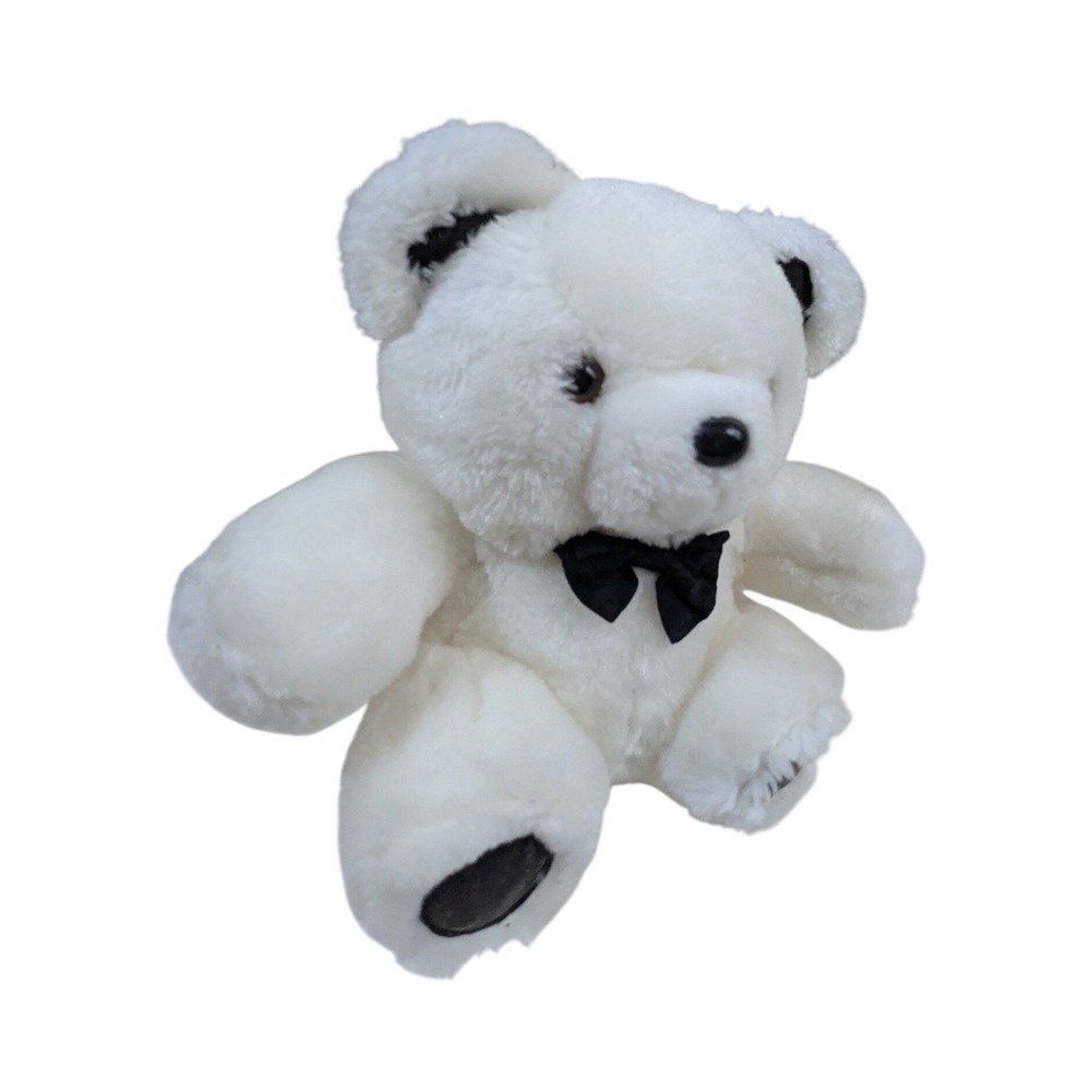 Vintage White Plush Teddy Bear with Black Bow Tie Stuffed Animal 9 Inch‎